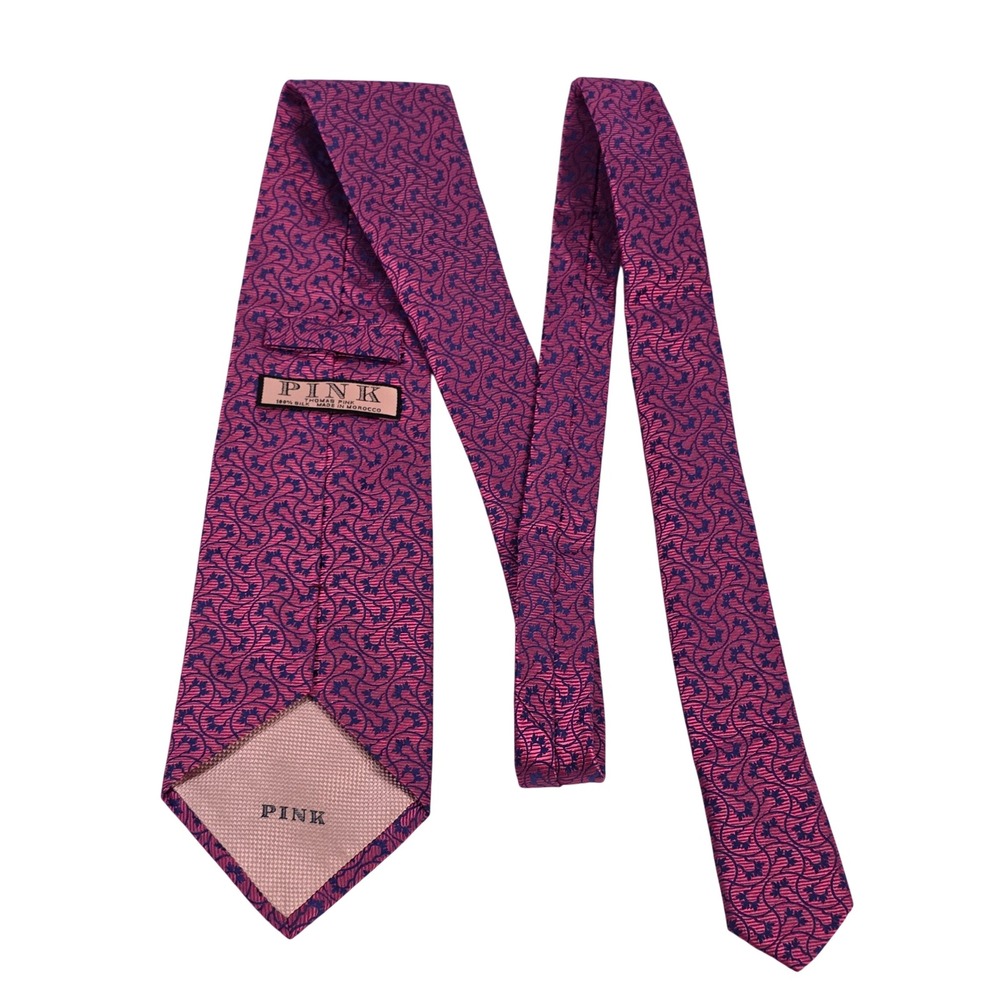 Thomas Pink Mens Silk Tie Pink Navy Blue Floral Vine Pattern Made in Morocco